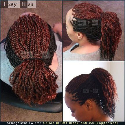 Senegalese Twists - Colors 1B (Off-black) and 350 (Copper Red) with Curls, in a Ponytail: I used Xpressions Braiding Hair. Photo by Izey Hair in Las Vegas Small Senegalese Twist With Color, Senegalese Twist With Color, 350 Hair Color, Twist With Color, Small Senegalese Twist, Hair Color Braids, Color Braids, Micro Braids Hairstyles, Vegas Hair