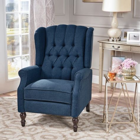 Dark Blue Tufted Upholstered Recliner — Pier 1 Chair Recliner, Noble House, Fabric Armchairs, Wing Chair, Large Sofa, Living Room Style, Living Room Seating, Wingback Chair, Dining Room Sets