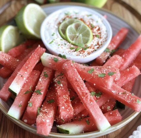 Watermelon Fries Coconut Lime Dip, Watermelon Dip, Watermelon Fries, Lime Dip, Easy Cooking Ideas, Watermelon Fruit Salad, Unique Appetizers, Feta Salad Recipe, Greek Yogurt Flavors