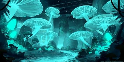 Blue Mushroom Aesthetic, Fantasy Places, Mushroom Art, Fantasy Art Landscapes, 판타지 아트, Environment Concept Art, Fantasy Landscape, Fantasy World, Anton