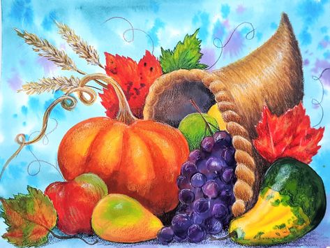 Fall Cornucopia Watercolor Painting Cornucopia Watercolor, Thanksgiving Art Painting, Cornucopia Drawing, Cornucopia Painting, Thanksgiving Painting Ideas, Turkey Drawings, Thanksgiving Chalkboard Art, Thanksgiving Painting, Thankful Art