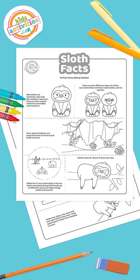 Sloths are awesome, so we put together a list with the best sloth facts! Print your set, grab your crayons, and learn some fun sloth facts! Rainforest Facts For Kids, Sloth Facts, Japan Facts, Dolphin Facts, Fun Facts About Animals, Kids Printables, Science Activities For Kids, Facts For Kids, Fun For Kids