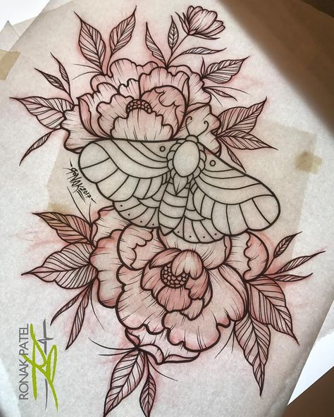 No photo description available. Moth And Flowers Tattoo Design, Moth And Floral Tattoo, Moth Rose Tattoo, Fox And Flower Tattoo Design, Peony And Moth Tattoo, Thigh Piece Tattoos, Tattoo Thigh, Floral Thigh Tattoos, Thigh Piece