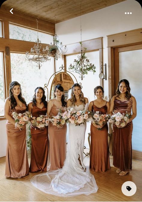 Boho Satin Bridesmaid Dresses, Wedding Protective Hairstyles, July Bridesmaid Dresses, Velvet And Satin Bridesmaid Dresses, Light Brown Wedding Theme, June Bridesmaid Dresses, Mismatched Bridesmaid Dresses Fall, Brown Wedding Colors, Fall Desert Wedding