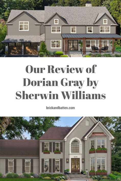 Sherwin Williams' Dorian Gray is a beautiful warm gray paint color with plenty of depth for exteriors. We tend to recommend this paint color for clients looking for a cozy traditional or transitional design; however, we have used Dorian Gray in more modern designs, too. In this review, learn why it's one of our top exterior house colors for 2022. Let us be your exterior paint color consultants! #exteriorpaint #paintcolors #housecolors Chatura Gray Sherwin Williams Exterior, Alabaster And Dorian Gray Exterior, Mega Griege Sherwin Williams Exterior House, She Twin Williams Exterior Paint, Dorian Gray House Exterior, Gray Area Sherwin Williams Exterior, Functional Gray Sherwin Williams Exterior, Sherwin Williams Intellectual Gray Exterior, Sherwin Williams Functional Gray Exterior