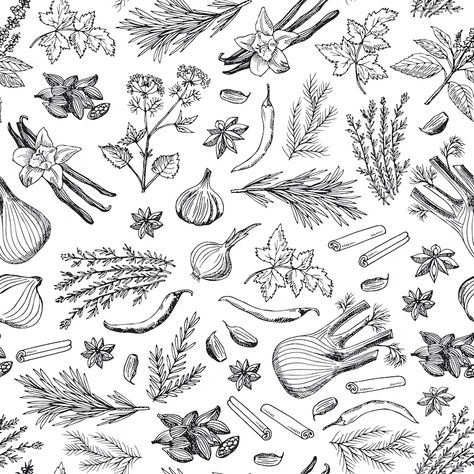 Premium Vector | Hand drawn herbs and spices background or pattern Elephant Background, Retro Vector, Tree Illustration, Herbs And Spices, Hand Drawn Vector, Vector Hand, Pattern Illustration, Free Vector Art, Vector Pattern