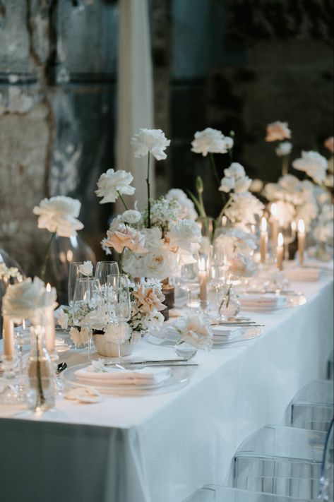 Flowers And Candles, Wedding Table Designs, Reception Tablescapes, Cabo Wedding, All White Wedding, Wedding 2025, Neutral Wedding, Long Table, Wedding Table Settings