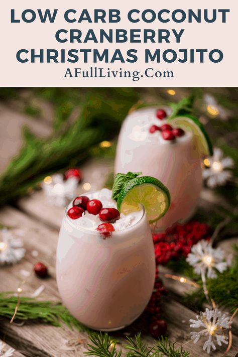 This Low Carb Cranberry Coconut Christmas Mojito is festive, rich, decadent and vegan too! Made with classic mojito ingredients like lime juice, white rum, mint leaves and sweetener in place of sugar, we added a few extras to make it truly special like this time of year. #ChristmasMojito #CoconutMojito #LowCarbCocktail #ChristmasCocktail Cranberry Coconut Milk Drink, Coconut Milk Beverage Recipes, Coconut Christmas Cocktail, Coconut Rum Christmas Drinks, Coconut Milk Alcoholic Drinks, Coconut Milk Drinks Alcohol, Low Calorie Holiday Cocktails, Low Sugar Christmas Cocktails, Cocktails With Coconut Milk