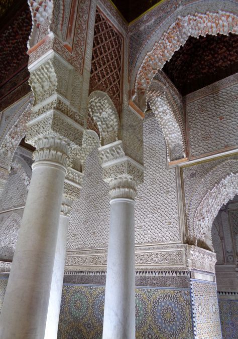 The Saadian Tombs, Marrakech, Morocco on August 31, 2018, Natalya B. Parris's, NBP photo. The Saadian Tombs are a historic royal necropolis of the Saadian dynasty, and in particular to the reign of Ahmad al-Mansur (1578–1603). They are located on the south side of the Kasbah Mosque, inside the royal Kasbah (citadel) district of the city. Saadian Tombs, Moroccan Art, Marrakech Morocco, August 31, Marrakech, The South, Reign, Morocco, The City