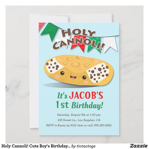 Holy Cannoli! Cute Boy's Birthday Party Invitation Funny Birthday Invitations, Holy Cannoli, Girls Party Invitations, Girl Birthday Party Invitations, Pool Birthday Party, Boy Birthday Invitations, Birthday Invitations Girl, Cannoli, Boy Birthday Party