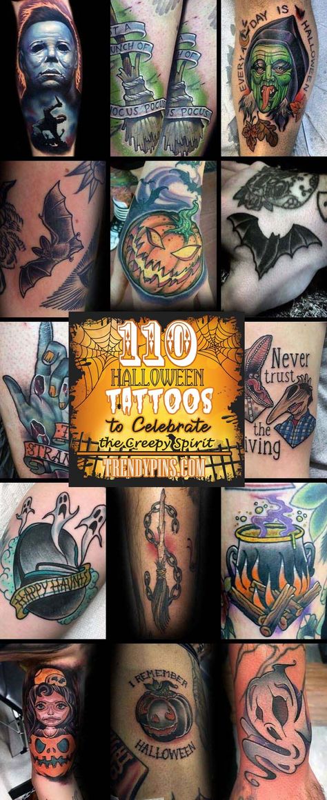 110 Halloween Tattoos to Celebrate the Creepy Spirit For All Time  #Halloween #tattoos #trendypins Paranormal Tattoo Sleeve, Halloween Calf Tattoo, Halloween Tattoo Ideas Horror Movies, Minimalist Halloween Tattoo, Horror Tattoos For Women, Halloween Tattoo Sleeve, Halloween Tattoos For Women, Horror Themed Tattoos, Halloween Themed Tattoos