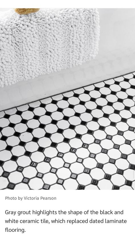 Octagon Mosaic Tile Bathroom, Black And White Bathroom Floor Tile Ideas, Black And White Mosaic Tile Bathroom Floor, White And Black Floor Tile Bathroom, Bathroom Floor Tile Dark Grout, Black And White Tile With Black Grout, Black Grout Bathroom Floors, Black And White Square Tile Bathroom, Black And White Octagon Tile Bathroom