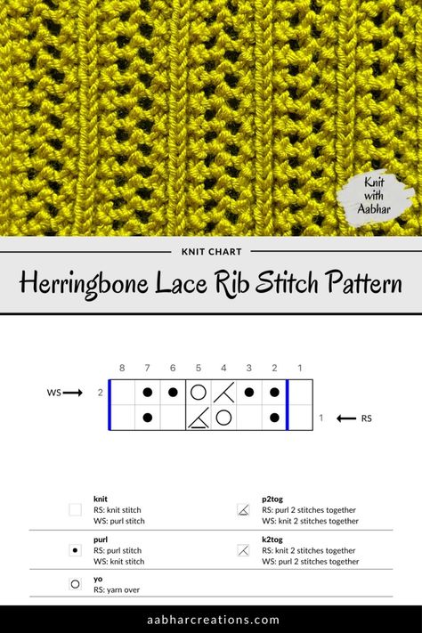 Herringbone Lace Rib Stitch | Knit with Aabhar | Aabhar Creations Knit Stitch Patterns Texture, Knit Stitch Patterns Free, Rib Stitch Knitting, Stitch Knitting Pattern, Knitting Abbreviations, Lace Knitting Stitches, Knitting Stitches Tutorial, Steel Crochet Hooks, Rib Stitch