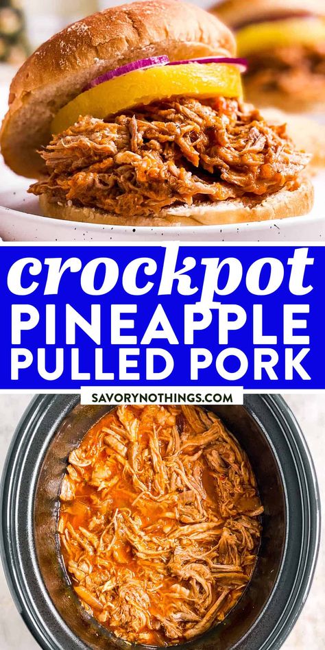 This Slow Cooker Pineapple BBQ Pulled Pork is an easy dinner recipe you can put together in no time at all. Serve it in buns as a simple sandwich dinner, or turn it into yummy summer tacos! | #summer #pulledpork #sandwiches #dinner #easydinner #slowcooker #crockpot #summerfood #summerrecipes #easyrecipes #recipe Pulled Pork Loin Crock Pot Recipes Easy, Summer Pork Roast Recipes, Pineapple Pulled Pork Tacos, Dinner Ideas Pulled Pork, Hawaiian Style Pulled Pork, Pineapple Bbq Pork Tenderloin, Hawaiian Pulled Pork Tacos, Hawaiian Pulled Pork Sandwiches, Crockpot Pineapple Pork Loin