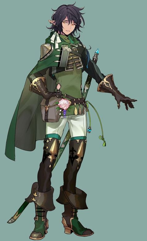 Nice outtif Green Male Character Design, Fantasy Elf Outfit, Fantasy Outfits Male, Green Character Design, High Elf Male, Half Elf Male, Elf Character Design, Elf Ranger, Male Elf