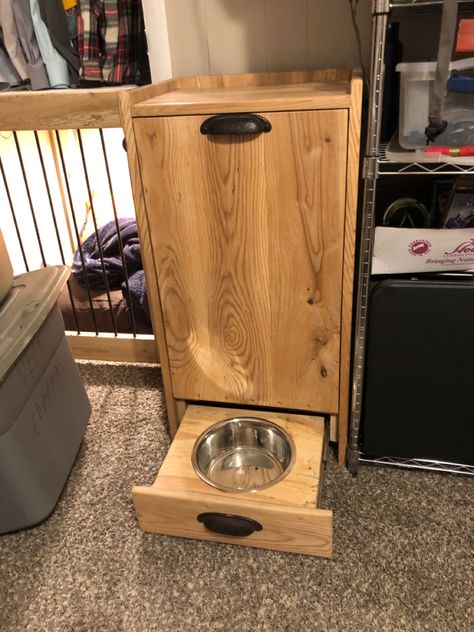 Dog food storage, dog food holder Dog Food Storage Ideas Diy, Dog Food Storage In Pantry, Diy Dog Food Storage Container, Diy Dog Food Stand, Dog Food Storage Ideas, Dog Food Storage Diy, Pet Food Station, Dog Food Holder, Dog Food Dispenser