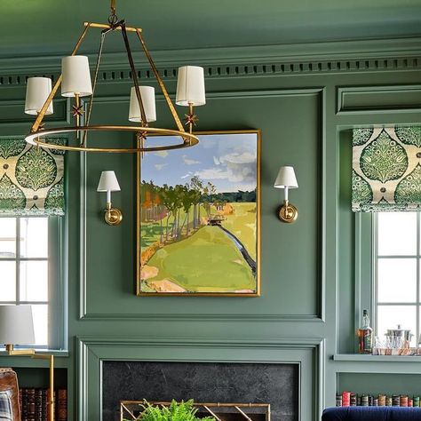 Allan Chapman Interiors on Instagram: "How to create good study habits? 📚  ~ how about make ‘The Study’ the favorite room in the house. 💚💙 ~ Paneled walls, trim and ceiling all painted in a high gloss soft green, hidden doors, cozy seating, and pretty brass lighting.  ~ 📸 @_dpphoto_" Green Trim With Wallpaper, Green Lacquer Walls, Green Painted Paneling, Painted Paneled Walls, Painted Ceiling And Trim, Charleston Green, Unique Bathrooms, Paneled Walls, Good Study Habits