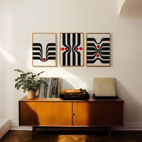 Red Home Office, Black And White Mid Century Modern, Red Interior Design, Red Abstract Art, Mid Century Geometric, Art Prints Modern, Line Wall Art, Striped Art, Black And White Interior