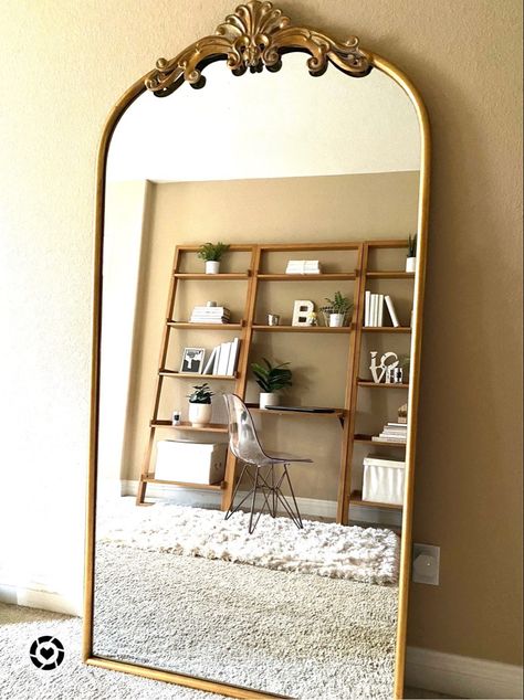 Azalea Park Gold Metal Filigree Leaner Framed Wall Mirror, Arhaus Amelie Floor Mirror, Gold Floor Mirror Living Room, Gold Standing Mirror In Bedroom, Large Leaner Mirror, Sams Club Gold Mirror, Large Antique Mirror Living Room, Floor Length Gold Mirror, Large Gold Mirror Bedroom