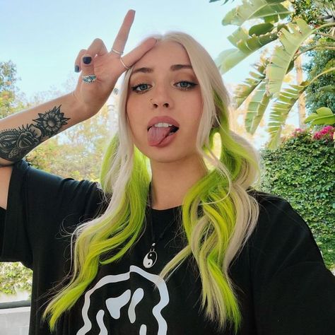 Lime Green And Blonde Hair, Blonde Hair Green Money Piece, Blonde And Neon Green Hair, Blonde And Green Hair Peekaboo, Green And Platinum Hair, Colorful Roots Blonde Hair, Blonde Hair Green Tips, Blonde With Green Highlights, Blonde Hair With Peekaboo Color