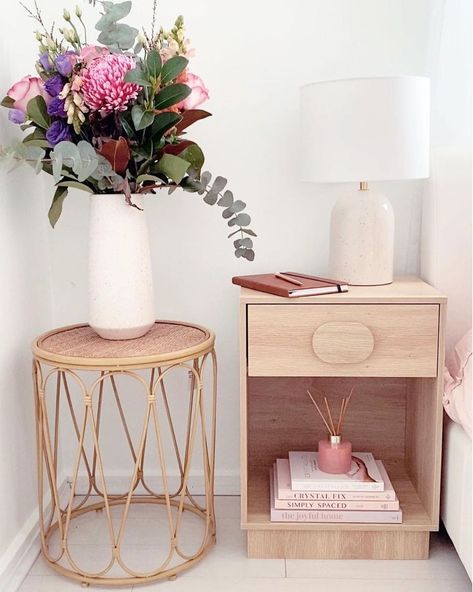 Kmart Rattan, Kmart Australia, Bedside Table Styling, Rattan Side Table, Spare Bedroom, Floating Nightstand, Home Bedroom, Bedside Table, Side Table