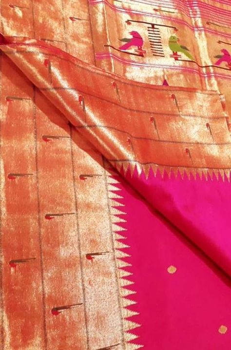 Pink Paithani Saree, Pink Paithani, Maharashtrian Saree, Silk Saree Blouse Designs Patterns, Pattu Saree Blouse Designs, Birds Design, Wedding Saree Blouse, Paithani Saree, Wedding Saree Blouse Designs