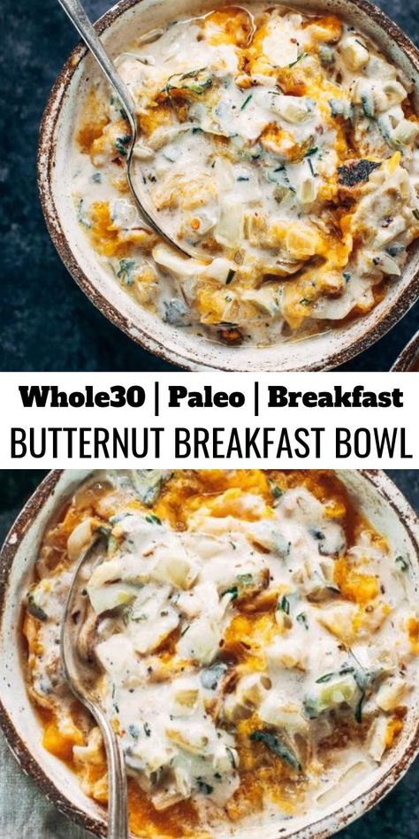 This savory whole30 breakfast bowl is made with butternut squash, chicken sausage, and sage cream sauce. Dairy free and paleo breakfast idea for busy families and individuals who are looking for a healthy breakfast packed with protein, nutrients, and flavor! #whole30 #paleo #healthybreakfast #chicken #paleodiet Whole 30 Recipes Lentils, Paleo Squash Recipes, Whole30 Butternut Squash Recipes, Savory Paleo Breakfast, Butternut Squash Breakfast Bowl, Dairy Free Savory Breakfast, Butternut Squash Breakfast Recipes, While 30, Egg Free Dairy Free Breakfast