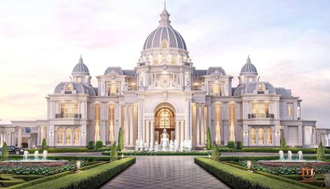 White Castle Exterior, Castle Design House, Elegant Mansion Exterior, Palace Exterior Design, Luxury Mansion Exterior, Classical Mansion, Modern Palace, Palace Exterior, Mansion Architecture