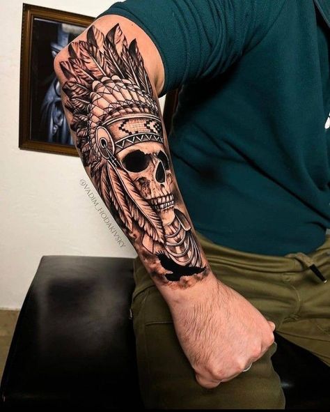 108 Tattoo, Half Sleeve Tattoos Sketches, Indian Skull Tattoos, Aztec Tattoos Sleeve, Headdress Tattoo, Full Chest Tattoos, Knee Tattoos, Tattoo World, Inspirational Tattoo