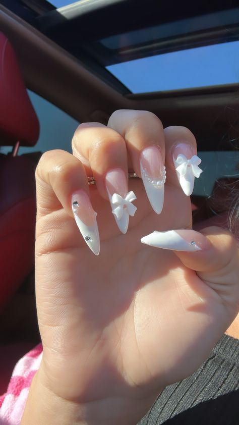 White French Wedding Nails, Luxury French Tip Nails, Almond Nails Bling, Almond Nails With Gems, Baddie Nails, Girly Acrylic Nails, Unique Acrylic Nails, Soft Nails, Acrylic Nails Coffin Short