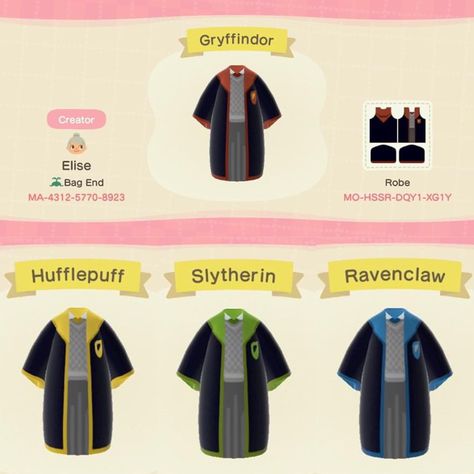 Acnh Harry Potter Clothes, Houses Animal Crossing, Acnh Outfits, Harry Potter Hogwarts Houses, Cozy Gaming, Acnh Clothes, Animal Crossing Wild World, Harry Potter Outfits, Qr Codes Animal Crossing