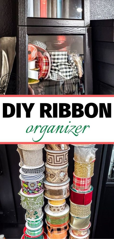 If your craft ribbon is getting out of control like mine was, you will LOVE this DIY ribbon organizer. It's easy, inexpensive and a great way to store all of that ribbon! #salvagedliving #diyribbonorganizer #diyribbonstorage #craftroomstorage Ribbon Roll Storage Ideas, How To Store Ribbons Storage Ideas Diy, Ribbon Organization Diy, Craft Ribbon Organization, How To Store Rolls Of Ribbon, Ways To Store Ribbon Rolls, Wreath Supply Storage, Diy Ribbon Organization Ideas, Diy Ribbon Organizer