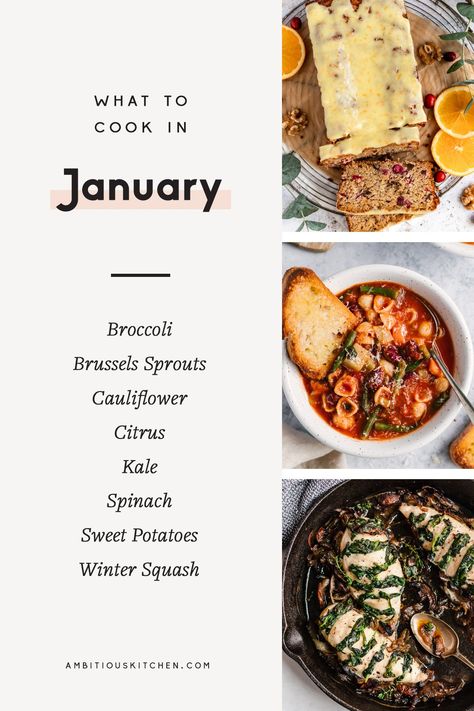 31 seasonal, healthy recipes to cook in January! From make-ahead breakfast and lunches to lightened-up desserts, these delicious recipes are the perfect way to meal prep all month long using seasonal ingredients. #winterrecipes #healthyrecipes #mealprep In Season January, Seasonal Eating Recipes, Seasonal Dinner Recipes, Lost Kitchen, January Recipes, Eating Seasonally, Seasonal Eating, Winter Meals, Farmers Market Recipes