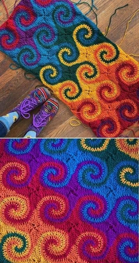 Color Pulling Crochet, Crotchet Blanket Pattern, Random Yarn Crochet Blanket, Trippy Crochet Blanket, Spiral Crochet Blanket, Cool Crochet Blanket, Freeform Crochet Tutorial, Galaxy Crochet, Galaxy Blanket