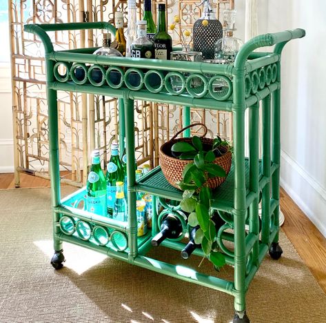 Happy St. Patrick's Day🍀 As luck would have it, our Moderne Maru Bar Cart looks amazing in green. And she’s well stocked for the weekend! 💚 . . . #redeggfurniture #rattanfurniture #rattan #barcart #rattanbarcart #stpatricksday #luck #green #paintedgreen Ratan Furniture, Egg Furniture, Rattan Bar Cart, Built In Wine Rack, Rattan Bar, Bamboo Bar, Airy Room, Bar Cart Styling, Sherwin Williams Colors