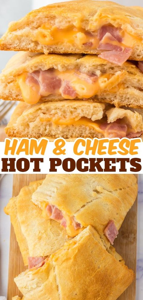 Quick Dinner Ideas With Crescent Rolls, Homemade Ham And Cheese Hot Pockets, Ham And Cheese Dinner Ideas, Croissant Roll Up Recipes, Ham And Cheese Pockets Homemade, Homemade Hot Pockets Easy, Ham Cheese Crescent Rolls, Crescent Ham And Cheese, Hot Pockets Homemade