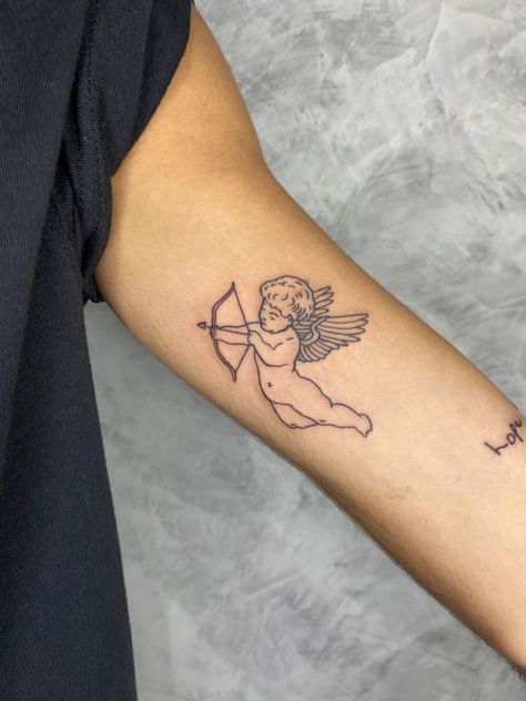 Cupid Tattoo Women, 3 Angles Tattoo, Angel Love Tattoo, Angel Tattoo Ideas For Women, Small Cupid Tattoo, Mini Angel Tattoo, Small Angel Tattoos For Women, 2 Angels Tattoo, Cute Devil Tattoo