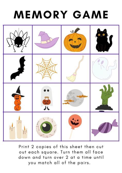 Halloween Memory Game Free Printable, Halloween Memory Game Printable, Monster Dice Game, Halloween Memory Game, Halloween Printable Activities, Actividades Halloween, Halloween Word Scramble, Halloween Craft Treats, Halloween Memories