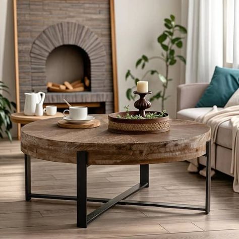 33.86"Modern Retro Splicing Round Coffee Table, Fir Wood Table Top with Black Cross Legs Base - On Sale - Bed Bath & Beyond - 39638311 Round Black And Wood Coffee Table, Round Coffee Table Black Legs Wood Top, Round Black Coffee Table Wood, Round Coffee Table 48”, 36" Round Wood Coffee Table, Black Cross, Wood Table Top, Fir Wood, Furniture Outlet Stores