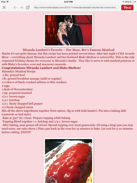 Miranda Lambert's favorite meatloaf Main Dish Meals, Meat And Potatoes Recipes, Beef Meatloaf, Veal Recipes, Hamburger Recipes, Loaf Recipes, Supper Recipes, Potluck Recipes, Miranda Lambert