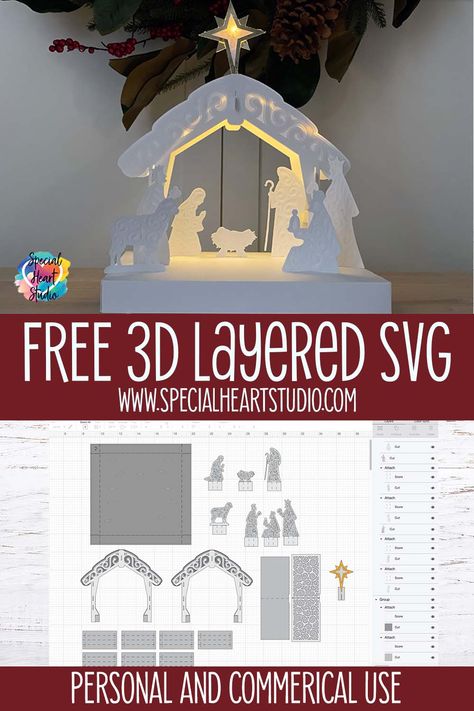 Paper Luminaries Diy Templates Free Printable, 3d Paper Cricut Projects, 3d Nativity Craft, Christmas Cricut Projects To Sell Dollar Tree, 3d Cardstock Projects Cricut, Cricut Layered Paper Art Christmas, Nativity Diy Crafts, Cricut Nativity Projects, Christmas Cardstock Crafts