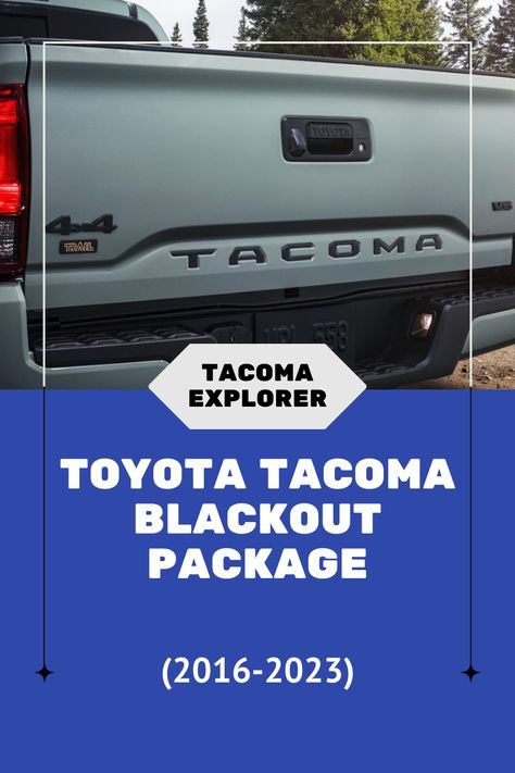 A blackout package can be equipped to your Tacoma directly from Toyota or via aftermarket accessories to improve the appearance of your truck.

- A blackout package adds black accents to the exterior of your Tacoma.
- Toyota's blackout package includes a tailgate insert, black emblems, and a black chrome exhaust tip.
- The blackout package typically costs $430 from Toyota.
- You can create your own blackout package with aftermarket accessories. 2020 Toyota Tacoma Accessories, Tacoma Truck Accessories, Trd Pro Tacoma, 2020 Toyota Tacoma, Toyota Tacoma Accessories, Tacoma Accessories, Tacoma Mods, Tacoma Truck, Black Wheels