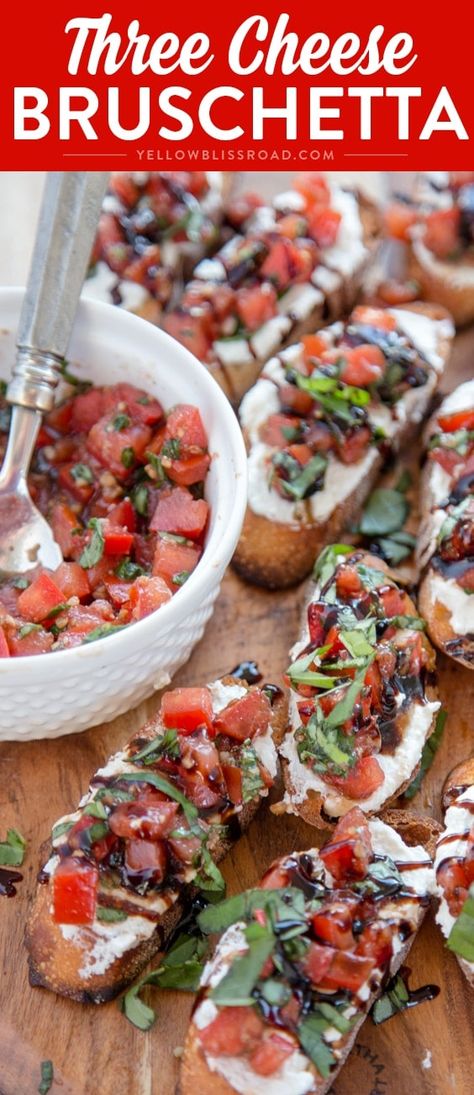 Creamy Three Cheese Bruschetta Bruschetta With Goat Cheese, Classy Appetizers, Cheese Bruschetta, Fingerfood Party, Three Cheese, Chapati, Goat Cheese, Cheese Fondue, Clean Eating Snacks