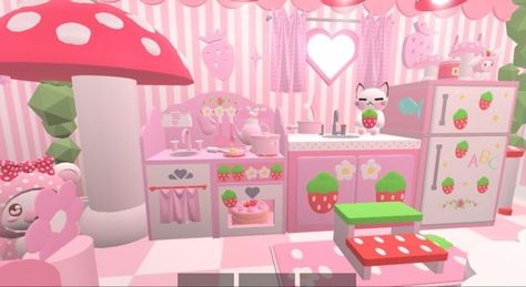 Adopt Me Small House Ideas, Strawberry Kitchen, Adopt Idea, Preppy Kitchen, Kawaii Games, Kitty Cafe, Cute Minecraft Houses, Minecraft House Designs, Kawaii Core