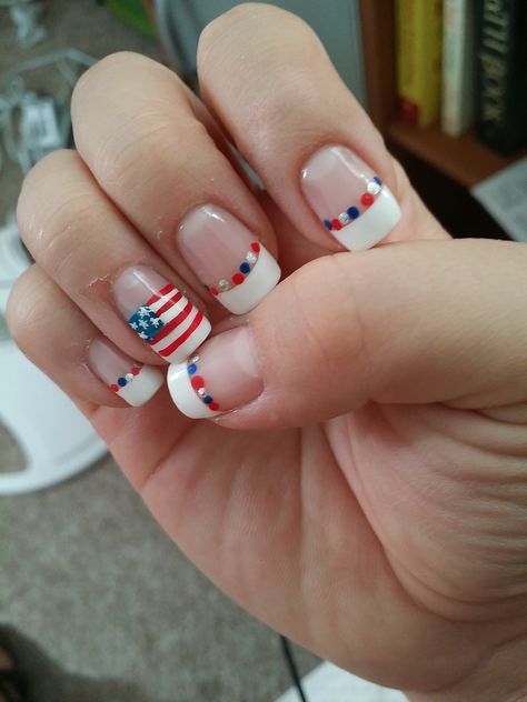 4th of July, American-French Manicure!! Happy Independence Day!   Love, My Nails 4th Of July Simple Nail Designs, 4th Of July French Manicure, 4th Of July French Nails, Simple Fourth Of July Nails French Tip, 4th Of July French Tip Nail Designs, Fourth Of July French Tip Nails, Short 4th Of July Nails, Different French Manicure Ideas, Claire Nails