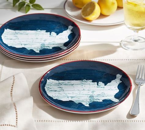 USA Melamine Plate, Set of 4 | Pottery Barn Fourth Of July Decorations, Blue Dinnerware, Patriotic Fashion, Melamine Plates, Holiday Guide, 4th Of July Decorations, Usa Patriotic, Wooden Design, Appetizer Plates