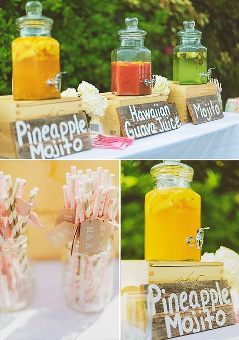 Classy Tiki Party, Classy Summer Party, Pink Glam Wedding, Tropisk Fest, Beverage Table, Luau Bridal Shower, Wedding Drink Bar, Luau Wedding, Tropical Bridal Showers