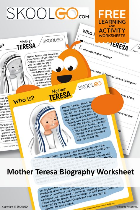 What do you know about Mother Teresa and her life? Time for you and your pupils to discover the key moments and achievements of the beatified nun who spent her life helping the poorest people in India. This free Who Is Mother Teresa? worksheet is a fantastic activity for elementary school students to discover the biography of this inspiring leader. Mother Teresa Biography, Saint Teresa Of Calcutta, Free Worksheets For Kids, About Mother, Worksheet For Kids, Help The Poor, Life Help, School Worksheets, Elementary School Students