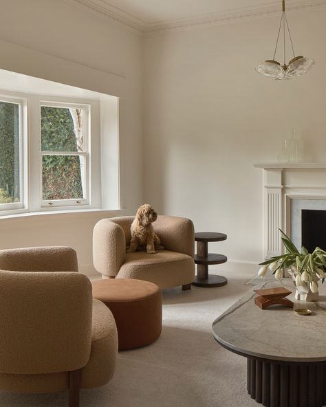 Cobe | perfect set of armchairs to sit in front of the restored bay window at our Brighton project. Rupert thinks so too. 🐶 Our furniture selection process begins during our concept design phase of each project. Each space (indoors and outdoors) is carefully considered to accomodate appropriate furniture selections. Curved Sofa Bay Window, London Living Room Bay Window, Baywindow Sofa, Boucle Sofa Curved, Art Nouveau Armchair, Classic Window, Side Stand, Bay Window, Brighton