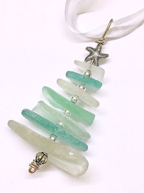 Sea Glass Christmas Tree Ornaments, Beach Glass Christmas Tree Diy, Sea Glass Xmas Ornaments, Seaglass Christmas Trees, Sea Glass Christmas Tree Ornament, Sea Glass Christmas Decorations, Sea Glass Tree Ornaments, Sea Glass Christmas Ornaments Diy, Diy Sea Glass Christmas Tree